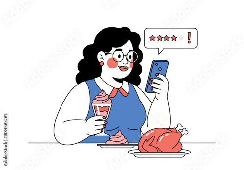 Young woman leaves a bad four-star review for a meal of whole chicken and ice cream via smartphone. Vector illustration, customer feedback concept.