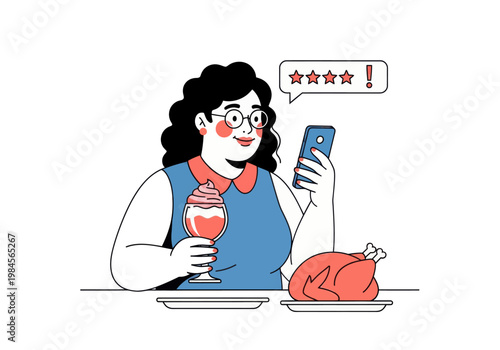 Young woman leaves a bad four-star review for a meal of whole chicken and ice cream via smartphone. Vector illustration, customer feedback concept.
