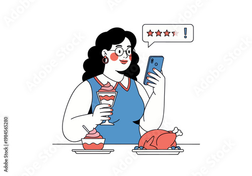 Young woman leaves a bad four-star review for a meal of whole chicken and ice cream via smartphone. Vector illustration, customer feedback concept.