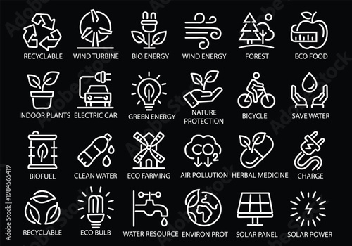 Ecology line icon set. Recycle, solar power, eco, nature, eco farming, green, environment, bio energy, clear water - stock vector.