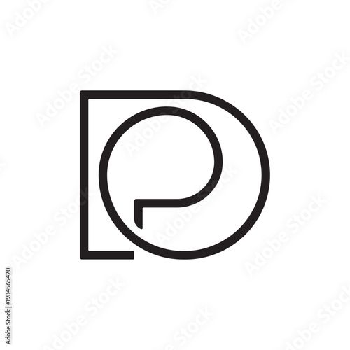 Sleek DP or PD interlocking monogram in bold black outline on white. A circular P nested within a squared D creates a clever, versatile mark for modern brands.