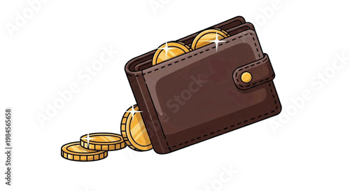 Vector illustration of brown leather wallet full of gold coins on a transparent background