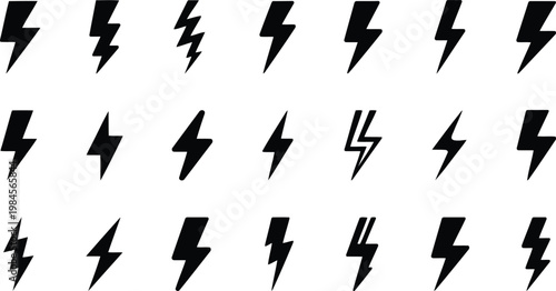 Collection of diverse black silhouette icons depicting various lightning bolts and electricity symbols
