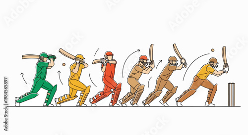 Cricket players in action sequence batting vector illustration