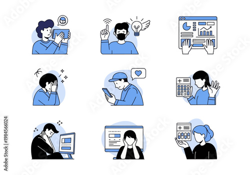 Diverse flat vector character icons for business and personal scenarios. Includes data analysis, mental stress, meditation, social media likes, theft, and more. Clean minimalist design in blue and whi