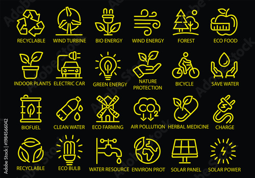 Ecology line icon set. Recycle, solar power, eco, nature, eco farming, green, environment, bio energy, clear water - stock vector.
