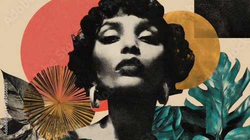 Woman portrait with abstract shapes and tropical leaves vintage collage art