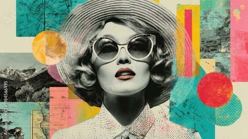 Woman wearing hat and sunglasses in abstract colorful collage art
