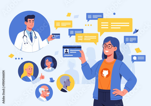 Flat vector illustration of various people including a doctor and woman, holding ID cards with speech bubbles, representing online identity verification or profile creation concept.