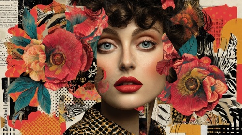 Woman face with floral collage art and vibrant pop design