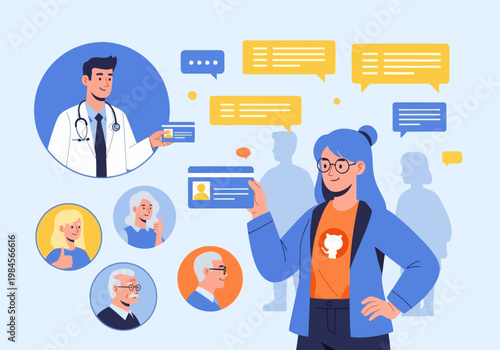 Flat vector illustration of various people including a doctor and woman, holding ID cards with speech bubbles, representing online identity verification or profile creation concept.
