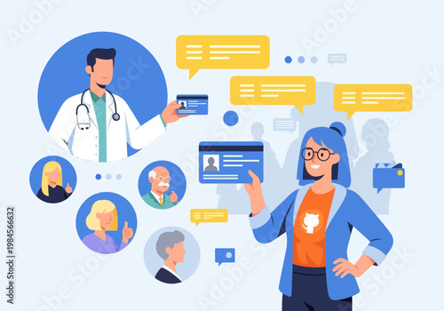 Flat vector illustration of various people including a doctor and woman, holding ID cards with speech bubbles, representing online identity verification or profile creation concept.