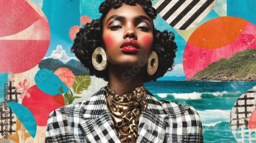 Woman wearing earrings posing with colorful geometric collage background