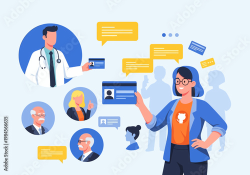 Flat vector illustration of various people including a doctor and woman, holding ID cards with speech bubbles, representing online identity verification or profile creation concept.