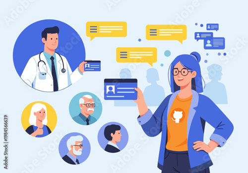 Flat vector illustration of various people including a doctor and woman, holding ID cards with speech bubbles, representing online identity verification or profile creation concept.
