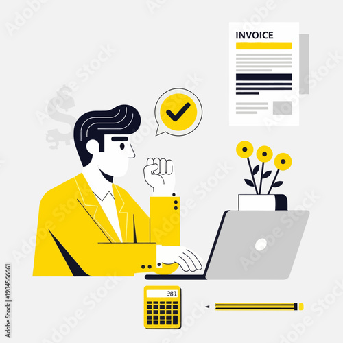 Flat vector illustration of a happy businessman or accountant processing an invoice on a laptop. Features calculator, dollar coins, and a checkmark, perfect for finance, billing, and accounting.