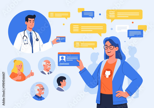 Flat vector illustration of various people including a doctor and woman, holding ID cards with speech bubbles, representing online identity verification or profile creation concept.