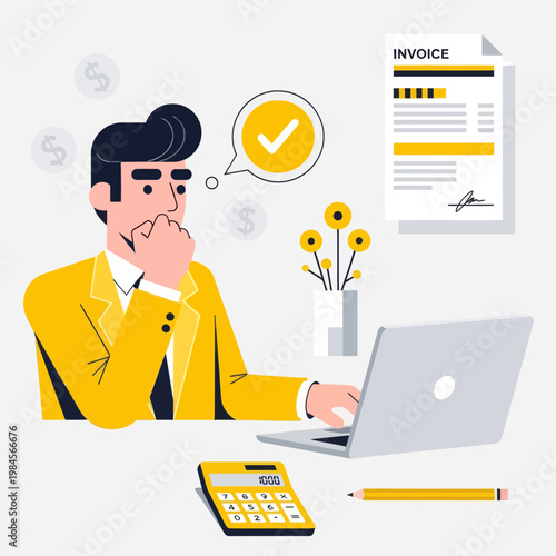 Flat vector illustration of a happy businessman or accountant processing an invoice on a laptop. Features calculator, dollar coins, and a checkmark, perfect for finance, billing, and accounting.