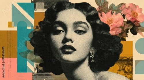 Woman face portrait surrounded floral and geometric abstract elements