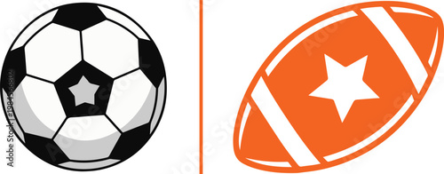 Soccer ball and American football vector illustration side by side for sports competition and choice concept