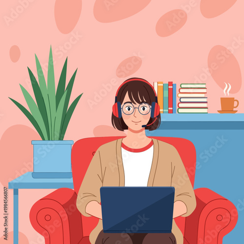 Young woman with headset and glasses working on laptop from home. Flat vector illustration for customer support, remote work, online education, and freelance lifestyle concept.