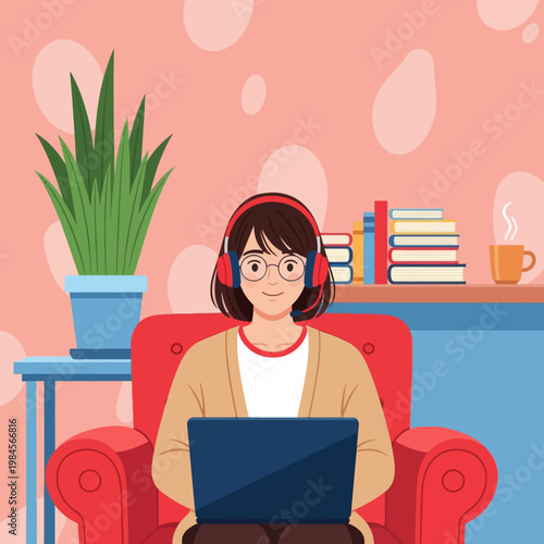 Young woman with headset and glasses working on laptop from home. Flat vector illustration for customer support, remote work, online education, and freelance lifestyle concept.