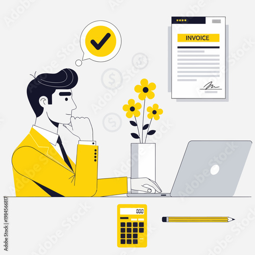 Flat vector illustration of a happy businessman or accountant processing an invoice on a laptop. Features calculator, dollar coins, and a checkmark, perfect for finance, billing, and accounting.