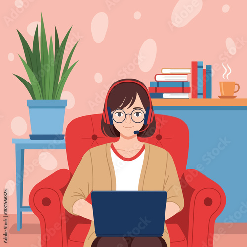 Young woman with headset and glasses working on laptop from home. Flat vector illustration for customer support, remote work, online education, and freelance lifestyle concept.