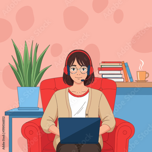 Young woman with headset and glasses working on laptop from home. Flat vector illustration for customer support, remote work, online education, and freelance lifestyle concept.