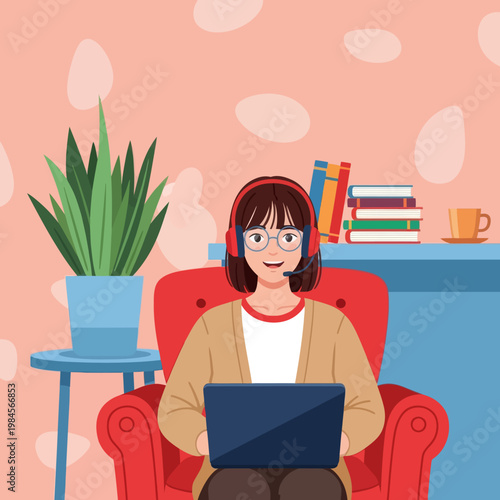 Young woman with headset and glasses working on laptop from home. Flat vector illustration for customer support, remote work, online education, and freelance lifestyle concept.