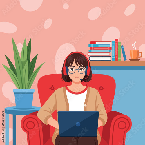 Young woman with headset and glasses working on laptop from home. Flat vector illustration for customer support, remote work, online education, and freelance lifestyle concept.