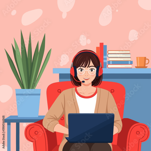 Young woman with headset and glasses working on laptop from home. Flat vector illustration for customer support, remote work, online education, and freelance lifestyle concept.
