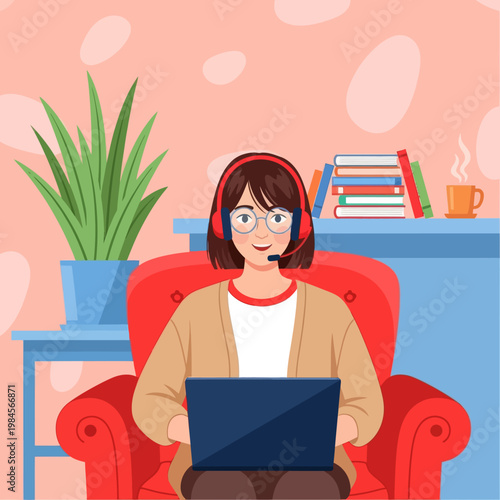 Young woman with headset and glasses working on laptop from home. Flat vector illustration for customer support, remote work, online education, and freelance lifestyle concept.