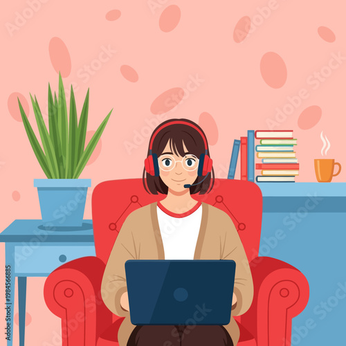 Young woman with headset and glasses working on laptop from home. Flat vector illustration for customer support, remote work, online education, and freelance lifestyle concept.