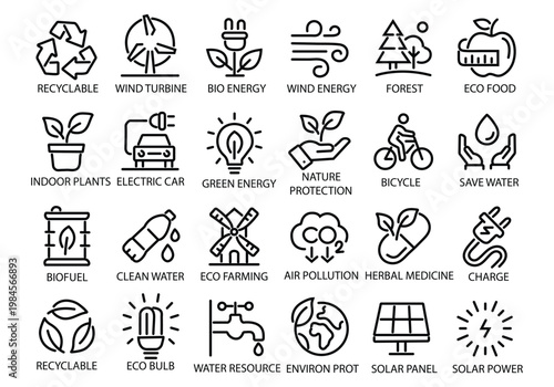 Ecology line icon set. Recycle, solar power, eco, nature, eco farming, green, environment, bio energy, clear water - stock vector.