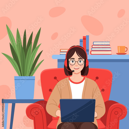 Young woman with headset and glasses working on laptop from home. Flat vector illustration for customer support, remote work, online education, and freelance lifestyle concept.