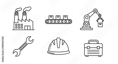 Industrial icons factory conveyor belt robot arm wrench hard hat toolbox.