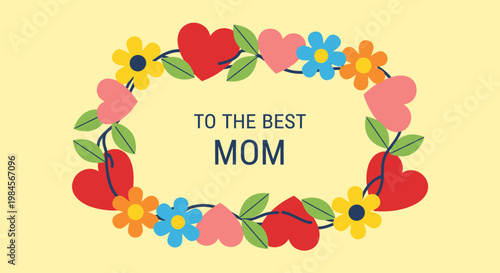 Happy Mother's Day greeting with colorful floral wreath and heart decoration