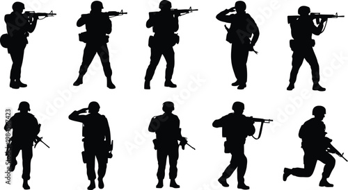 Collection of ten black military soldiers in various poses holding rifles and saluting on white
