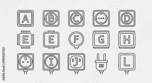 Collection of electrical outlets and plugs with letters.
