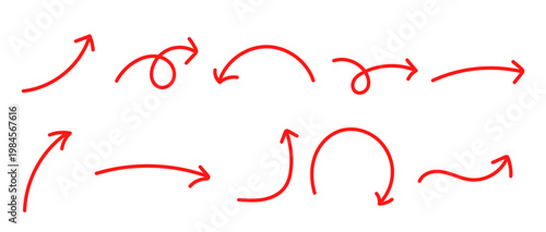 手描き風カーブ矢印セット シンプルな方向指示ラインアイコン素材集　赤