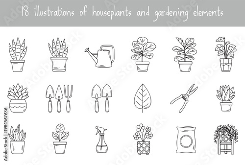 Houseplants and gardening elements set with potted plants gardening tools watering can and spray bottle icons for floral shop branding plant care blog botanical illustration collection.