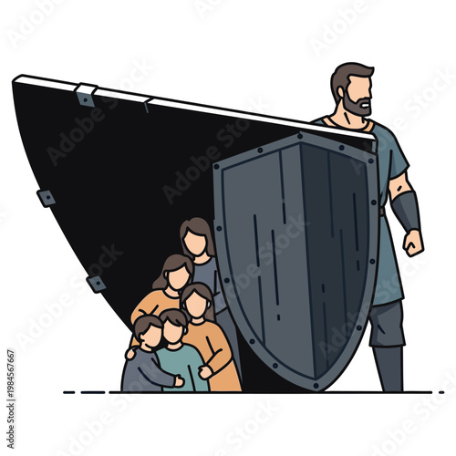 father protecting family behind shield flat design vector illustration