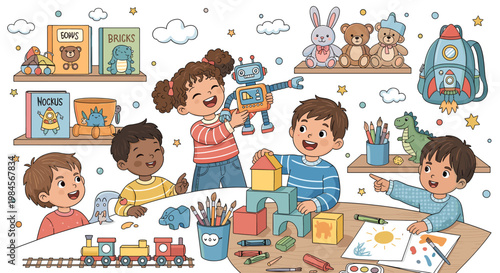 Happy diverse children playing with toys and art supplies in a colorful playroom, engaging in creative activities like building blocks, drawing, and imaginative play.