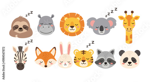 Collection of cute sleeping animal faces including lion sloth koala and giraffe