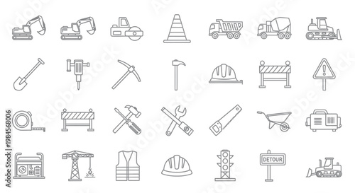 Construction tools and equipment icons.