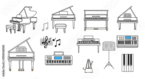 Various musical instruments and pianos.