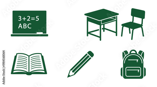 School supplies and furniture icons.