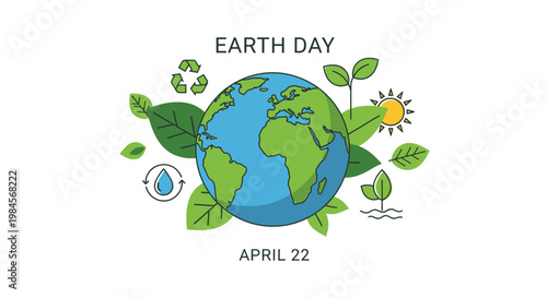 Earth Day Globe with Green Leaves.