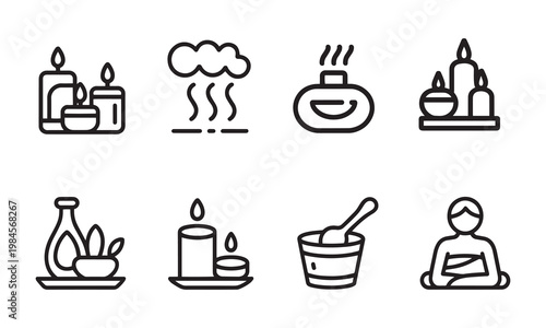 Spa icons set hot stones massage bed steam room aroma therapy candles oil diffuser bath bucket herbal bath relaxation wellness treatment serenity balance zen calm.